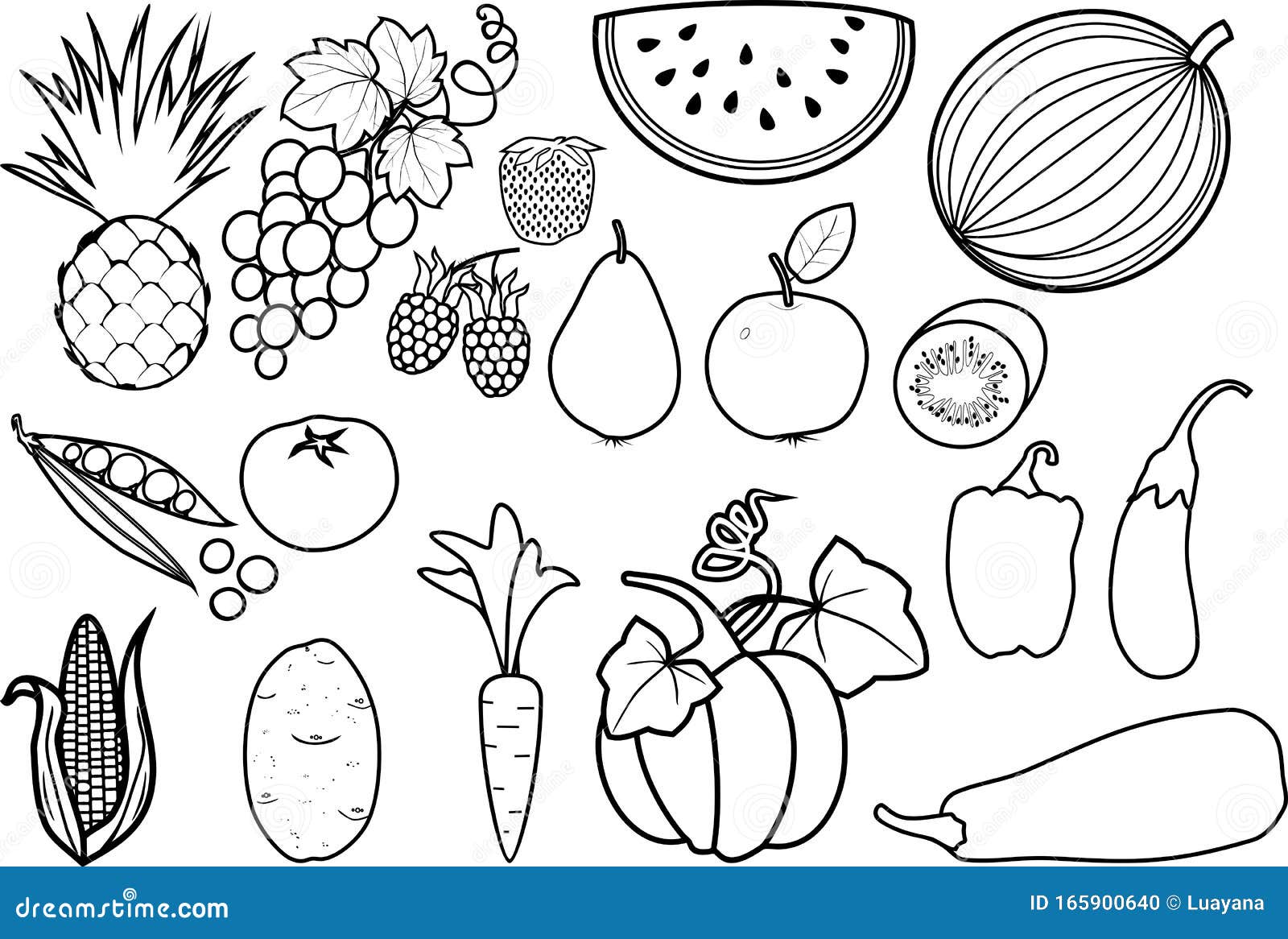 Coloring page set of different fruits and vegetables stock vector