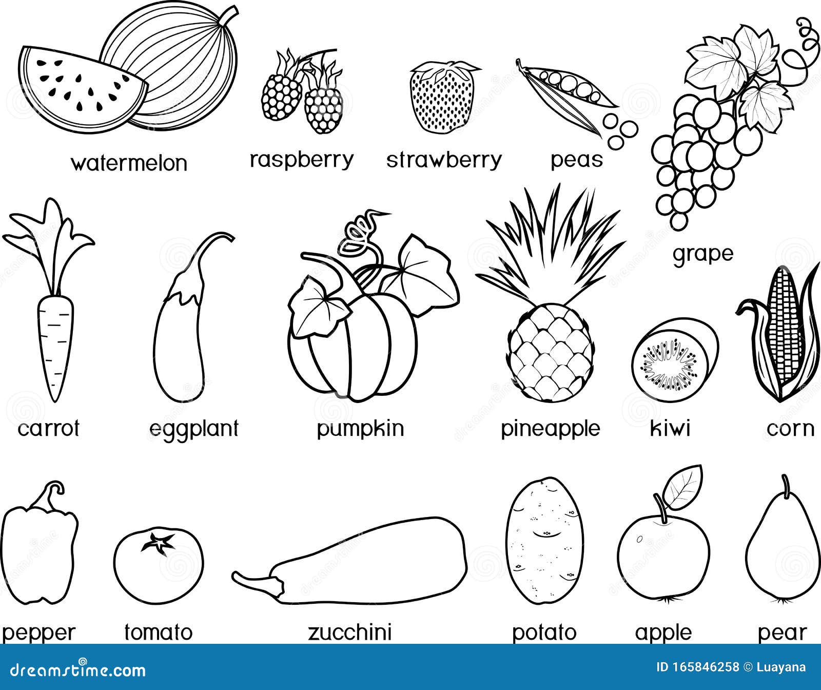 Coloring page big set of different fruits and vegetables stock vector
