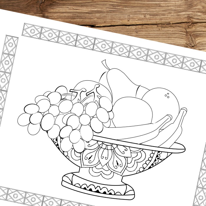 A bowl of fruit coloring page