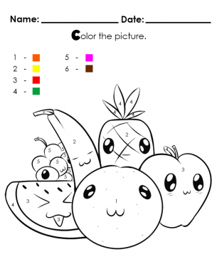 Color by numbers apple orange banana watermelon grapes pineapple