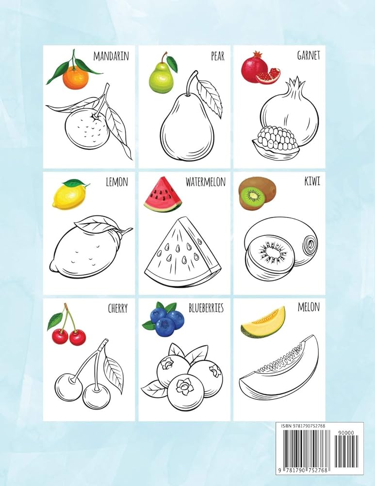 Fruits coloring book kids coloring book with easy and understandable coloring pages for toddler kids ages pages have a color examples and fruit names by