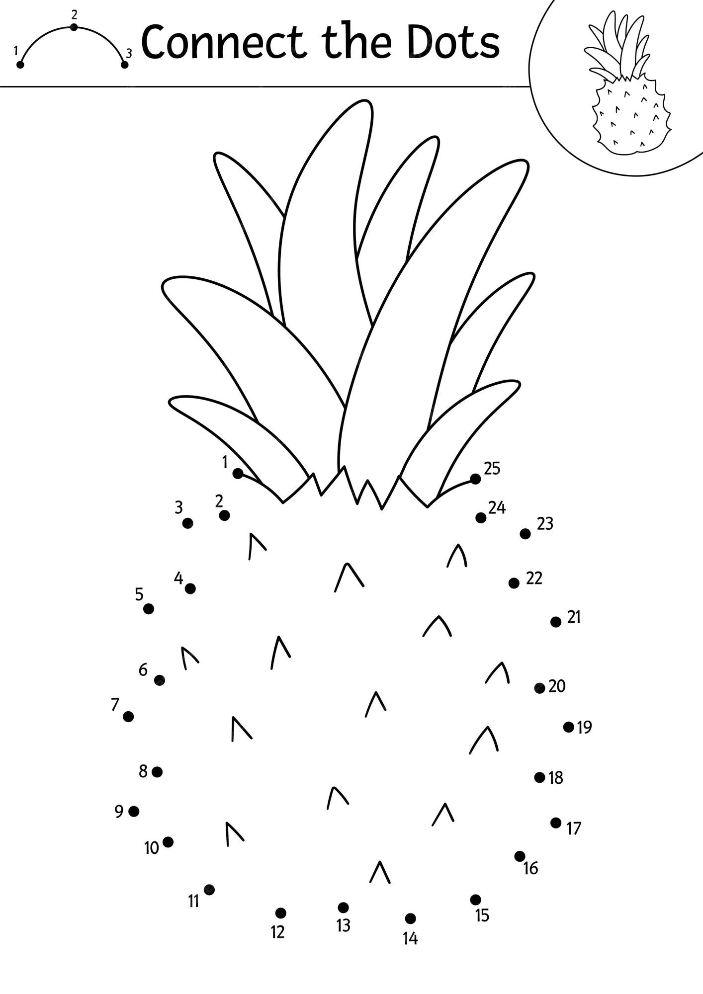 Premium vector vector dottodot and color activity with pineapple summer connect the dots game for children with funny exotic fruit tropical coloring page for kids xa