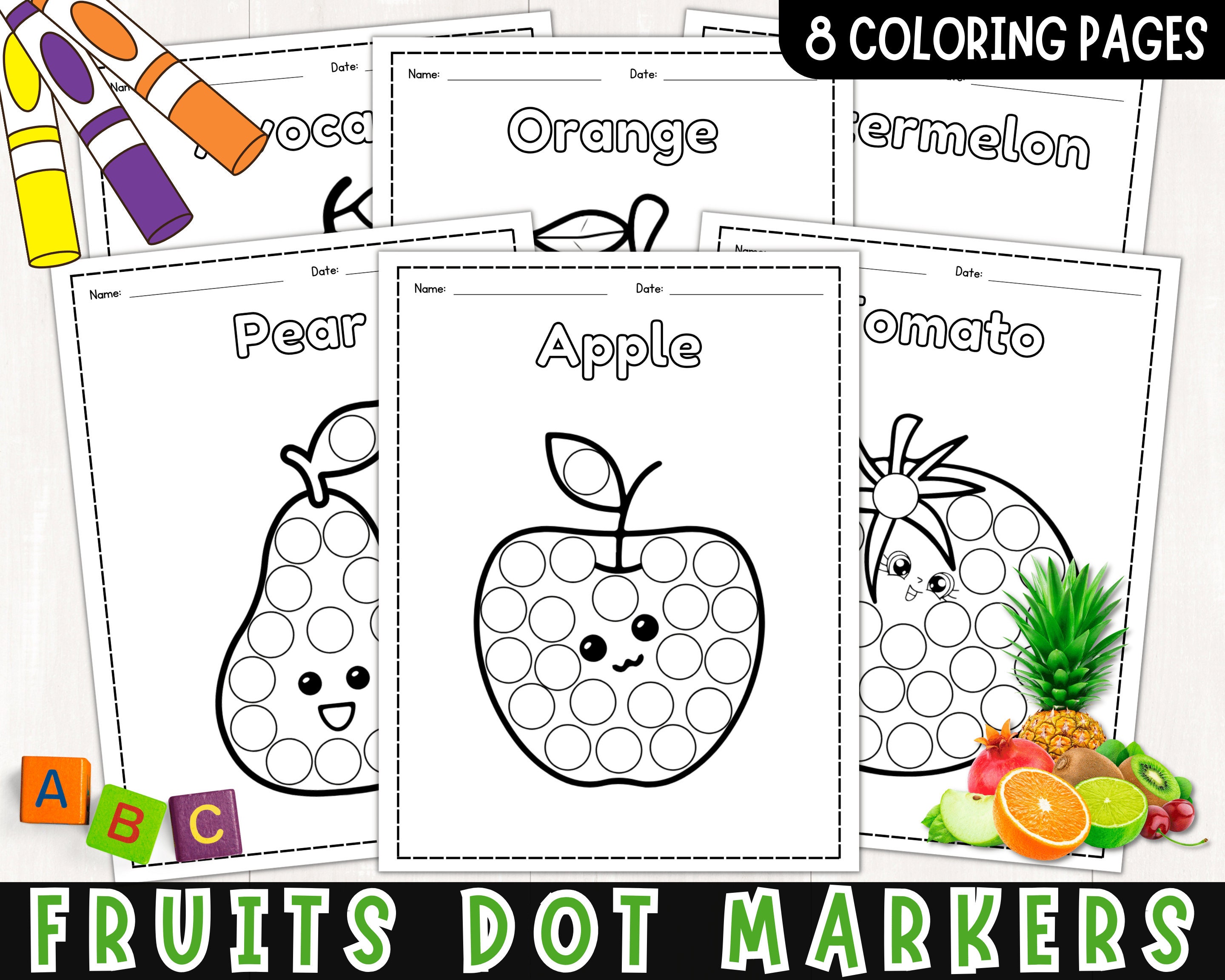 Kawaii fruit dot marker printables fruit do a dot coloring pages for kids activity sheets digital download pdf download now