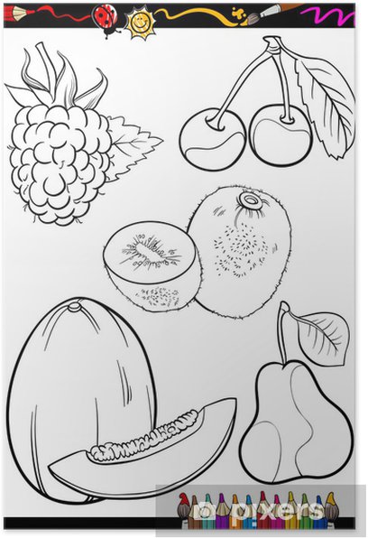 Poster cartoon fruits set for loring book