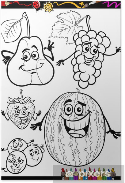 Poster cartoon fruits set for coloring book