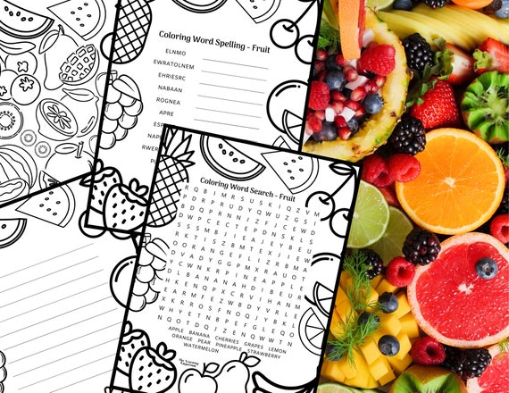 Fruit printable page bundle coloring word search activity sheets coloring sheets coloring pages puzzles word searches