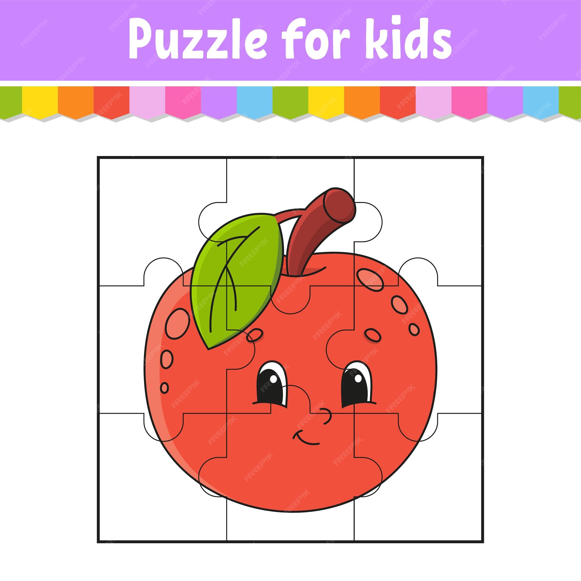 Premium vector puzzle game for kids fruit apple jigsaw pieces color worksheet activity page