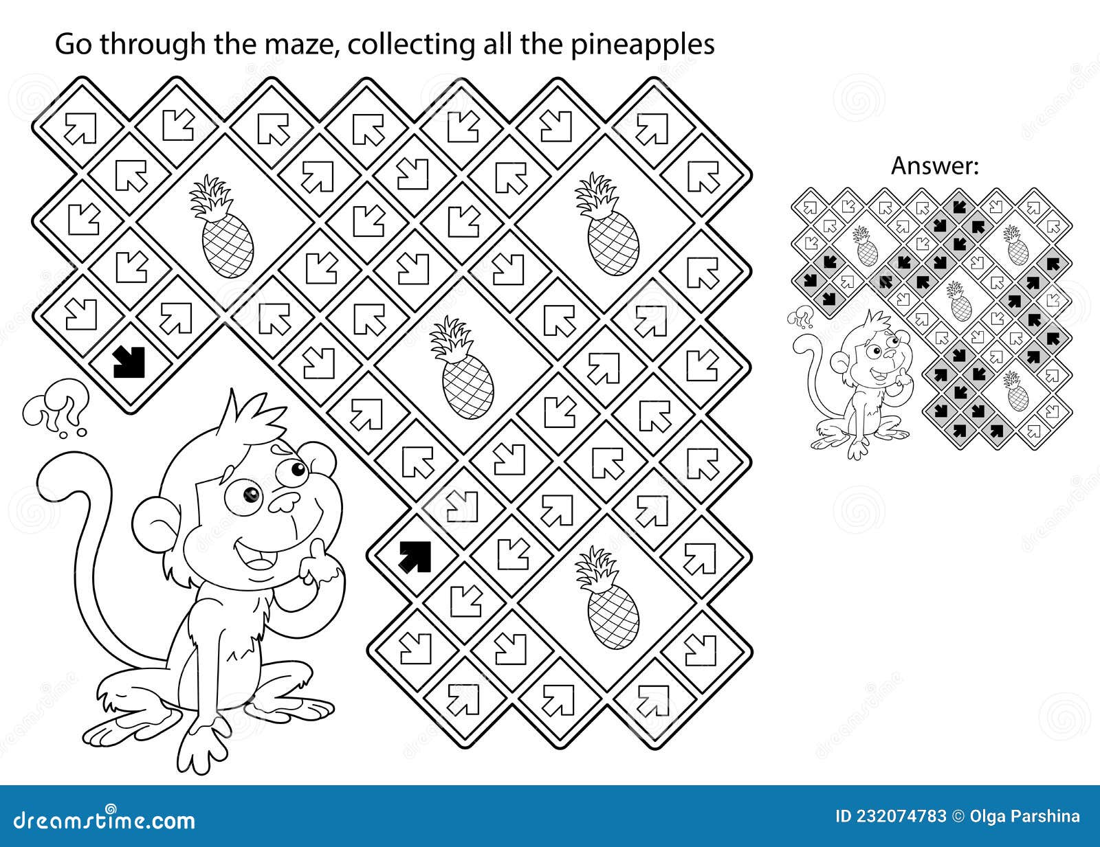 Maze or labyrinth game puzzle coloring page outline of cartoon little monkey with pineapples collect fruits stock vector