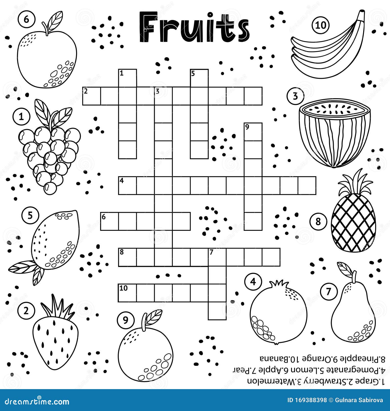 Black and white crossword puzzle game with fruits for kids stock vector