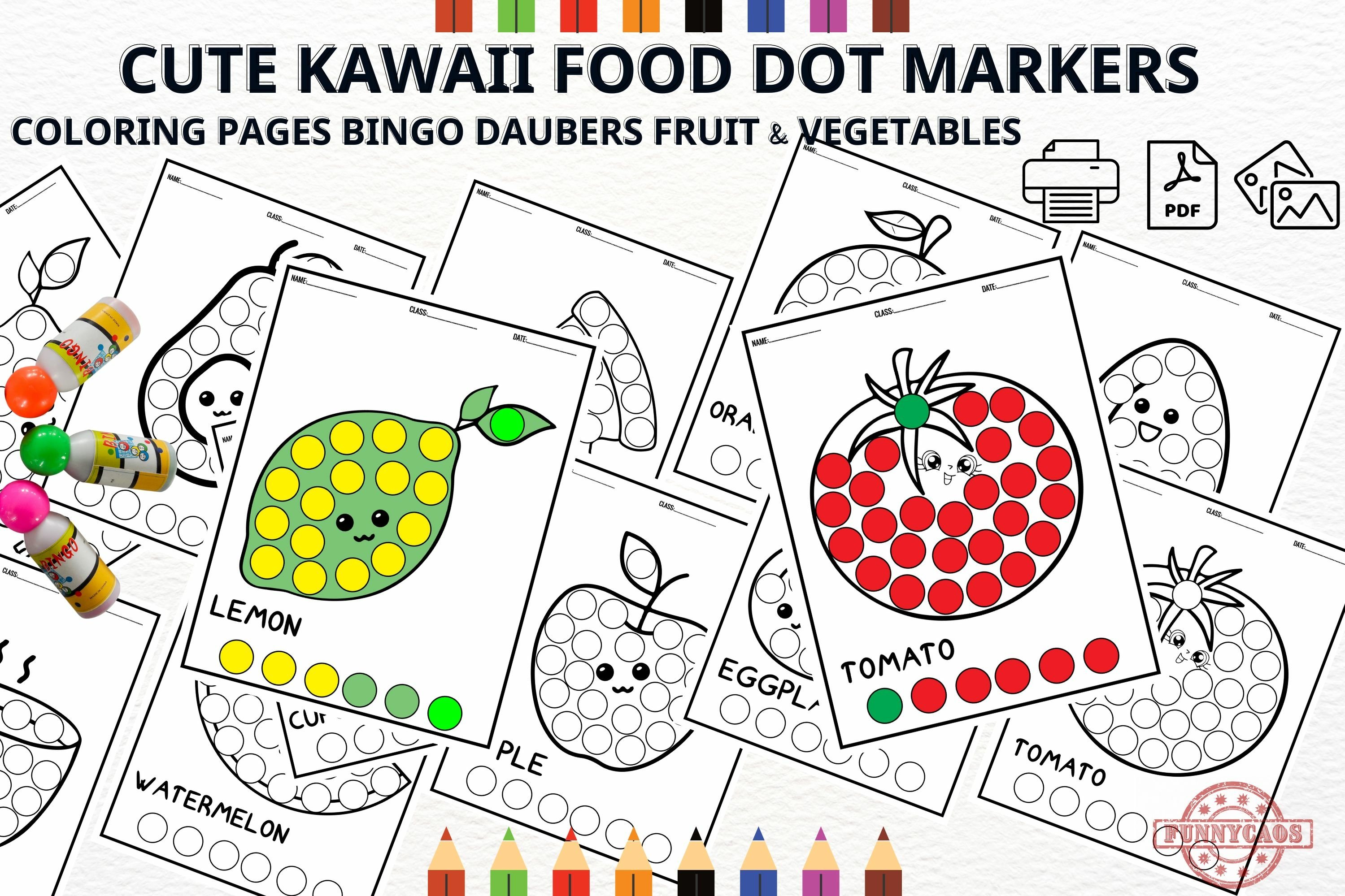 Kawaii food dot markers coloring pages fruit vegetables