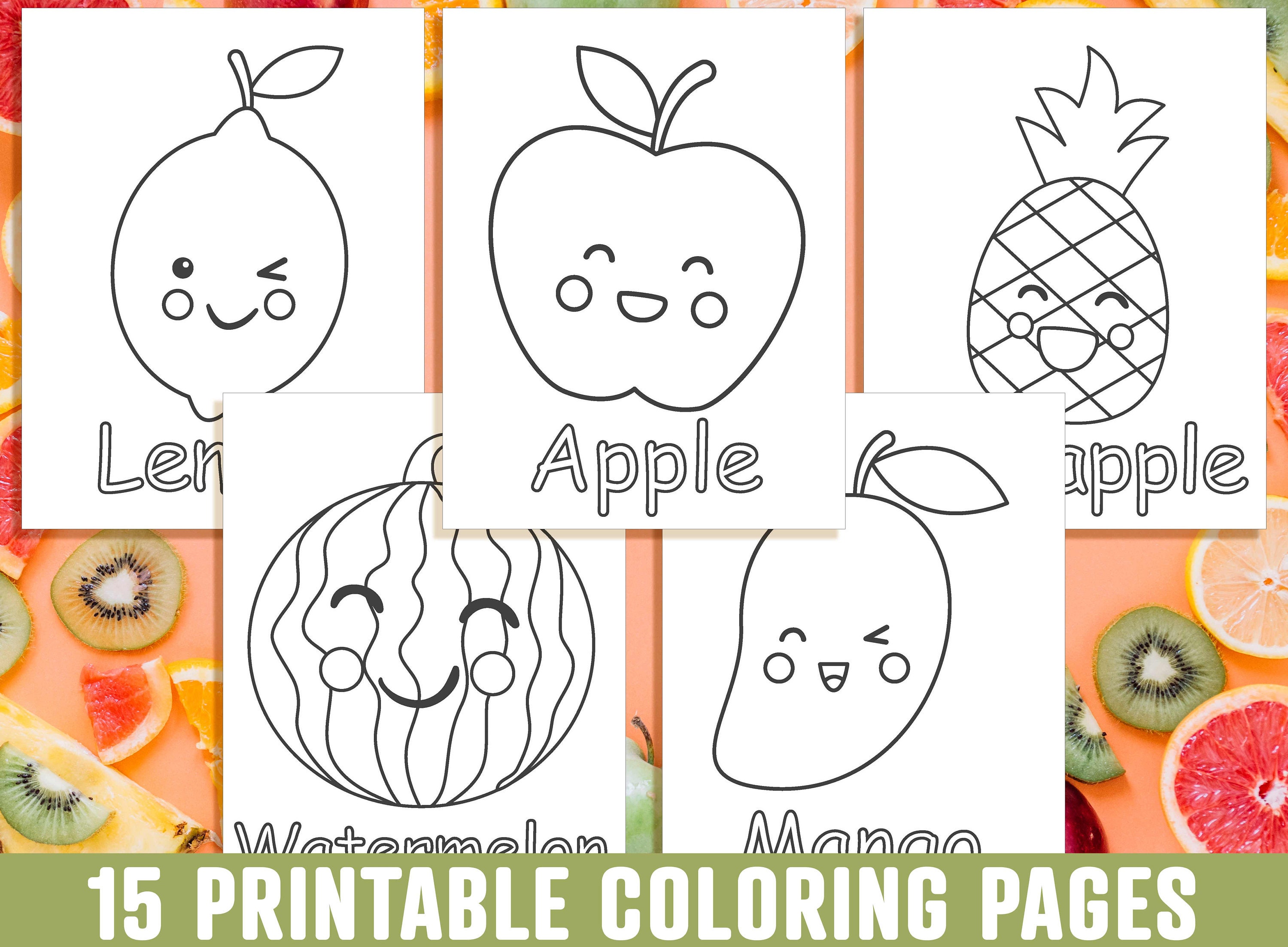 Fruit coloring pages fruit coloring book for kids boys girls teen printable activity sheets fruit coloring worksheet instant download