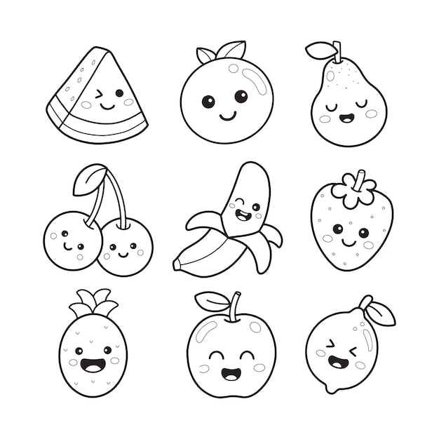 Premium vector cute fruits character printable coloring page
