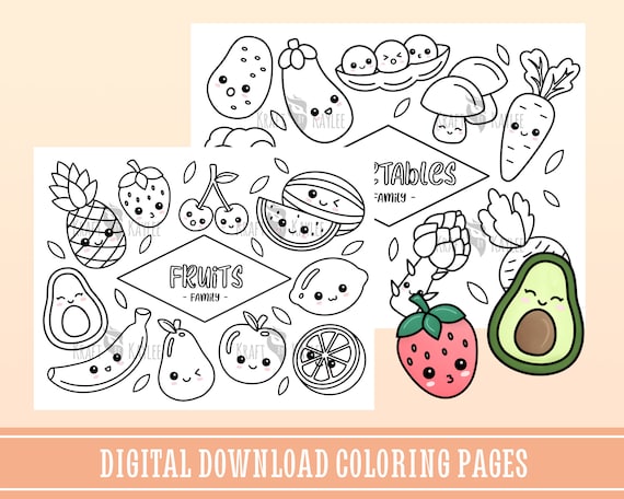 Fruits and vegetables coloring pages set of cute kawaii coloring page for kids and adults school coloring instant digital download