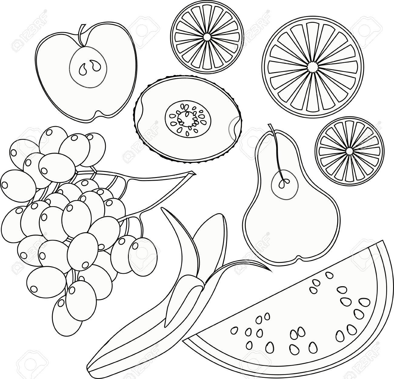 Set coloring fruit watermelon orange kiwi grapes banana pear apple vector illustration royalty free svg cliparts vectors and stock illustration image