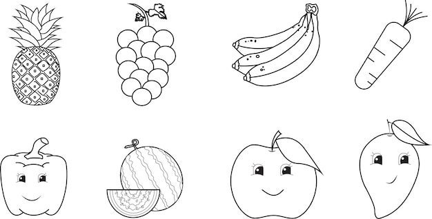 Premium vector cute fruits set coloring page isolated on the white background