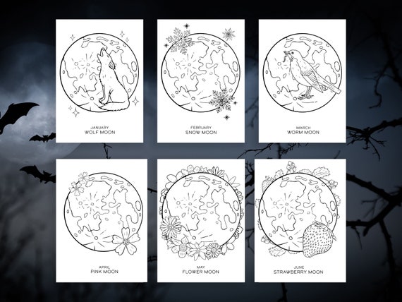 Moon name colouring pages full moon month and name moon book of shadows printable pages grimoire digital download pages