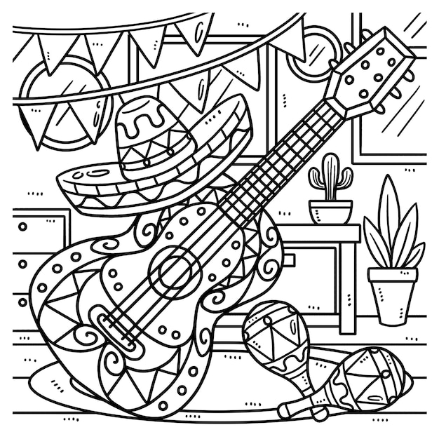 Premium vector cinco de mayo guitar and maracas coloring page