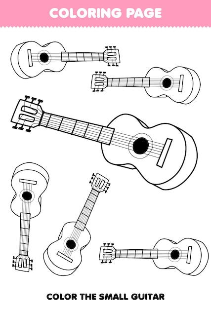 Premium vector education game for children coloring page big or small picture of music instrument guitar printable worksheet