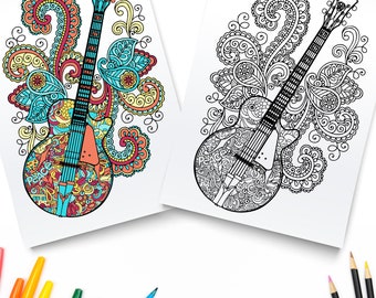 Hippie guitar printable coloring pages digital download trippy coloring book