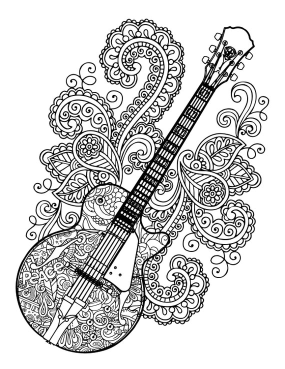 Hippie guitar printable coloring pages digital download trippy coloring book