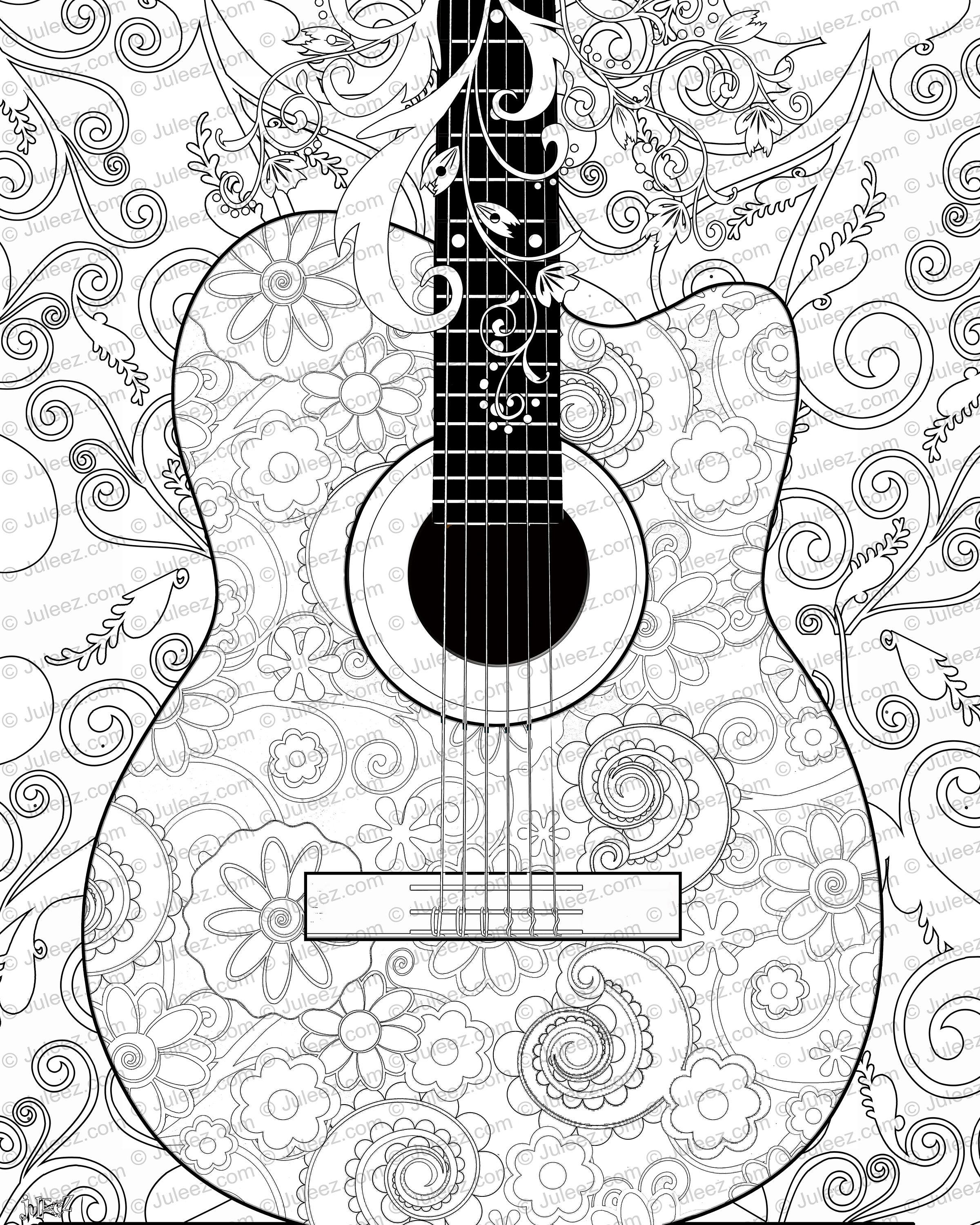 Guitar flowers coloring poster printable guitar coloring poster instant download coloring by juleez music coloring poster