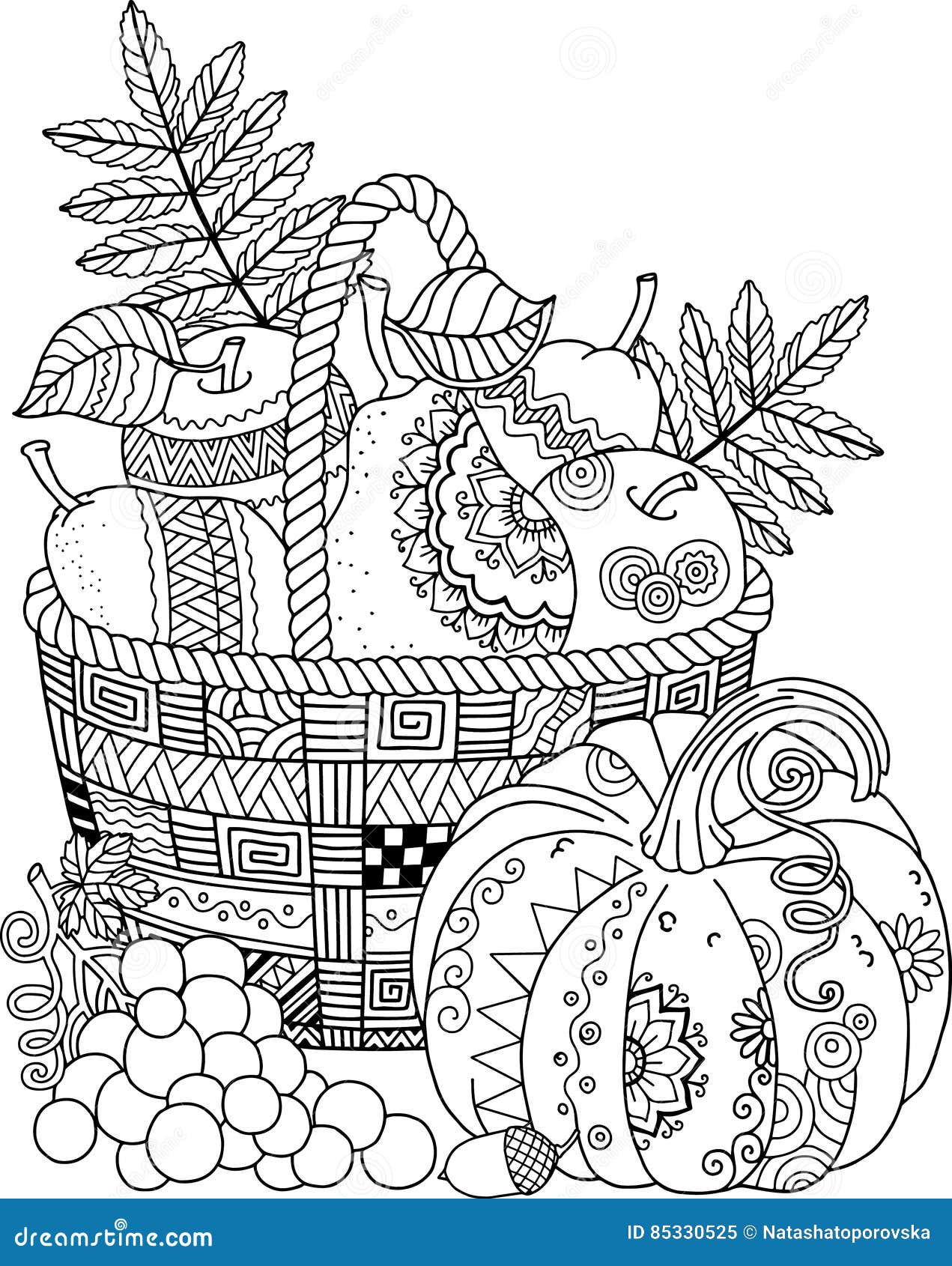 Vector coloring book for adult thanksgiving day basket of apples stock vector