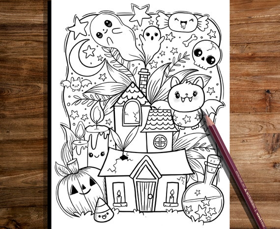 Haunted house coloring pagehalloween coloring page halloween fun halloween witch whimsical coloring page halloween coloring page instant download