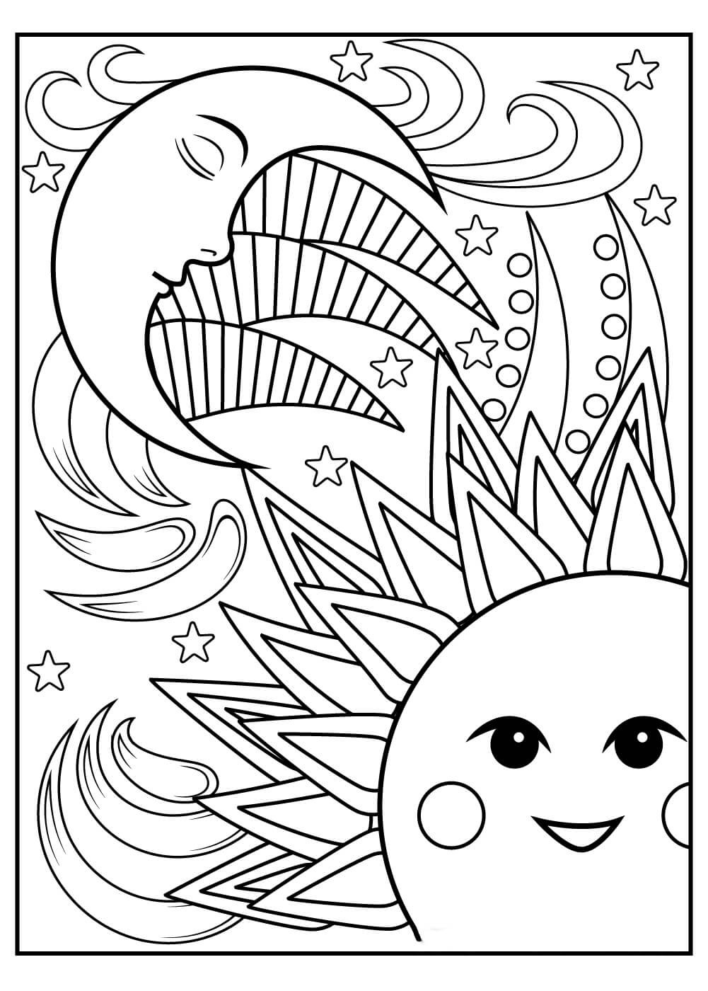 Fun sun and moon coloring page