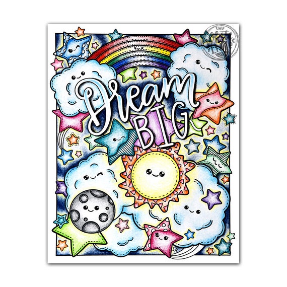 Coloring pages for kids printable rainbow coloring page kawaii coloring page dream big kawaii art print coloring page for kids download