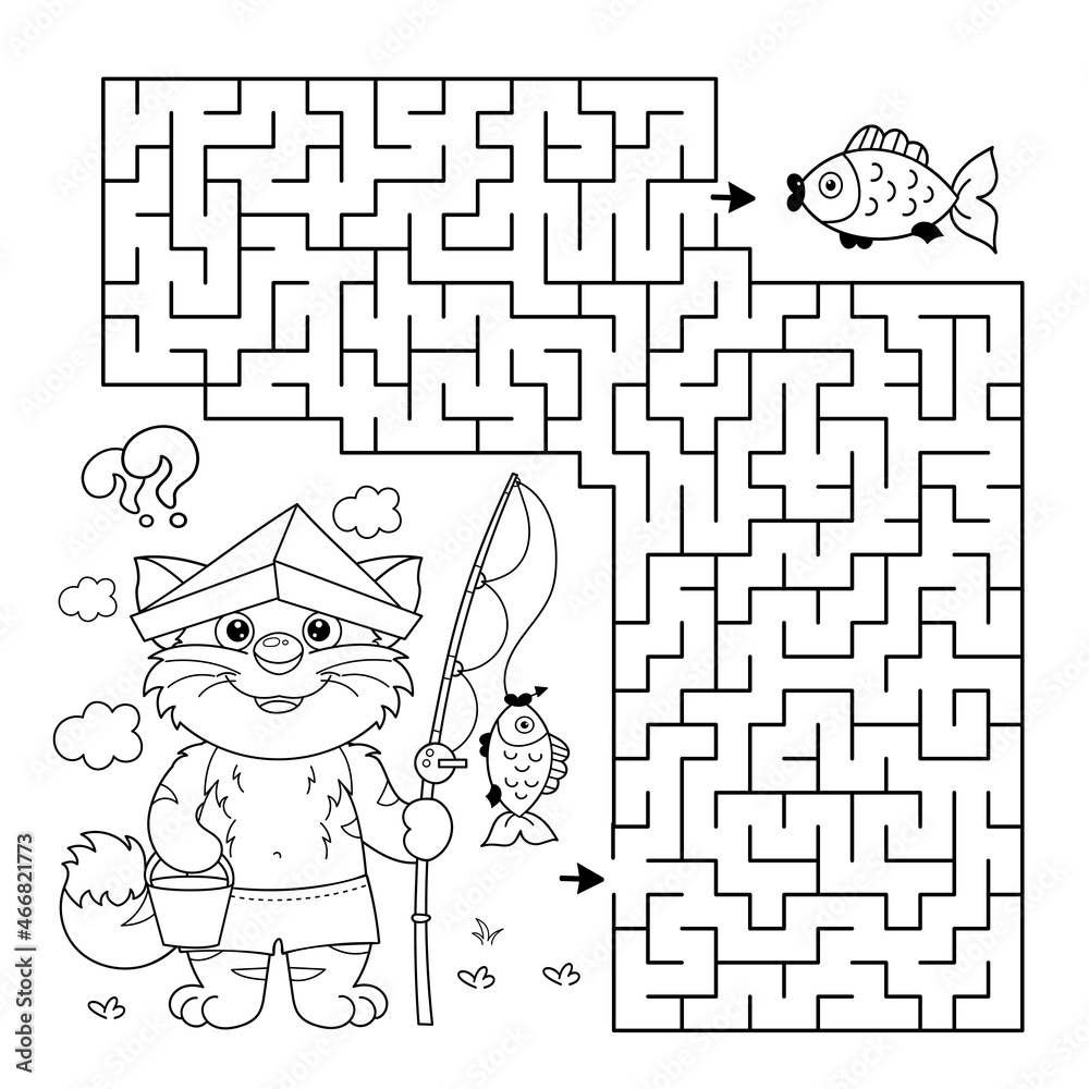 Maze or labyrinth game puzzle coloring page outline of cartoon cat with fishing rod fun fisher coloring book for kids