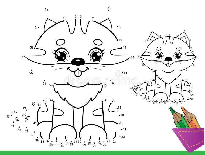Puzzle game for kids numbers game coloring page outline of cartoon funny cat stock vector