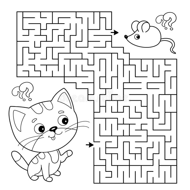 Maze or labyrinth game puzzle coloring page outline of cartoon little cat with mouse stock vector