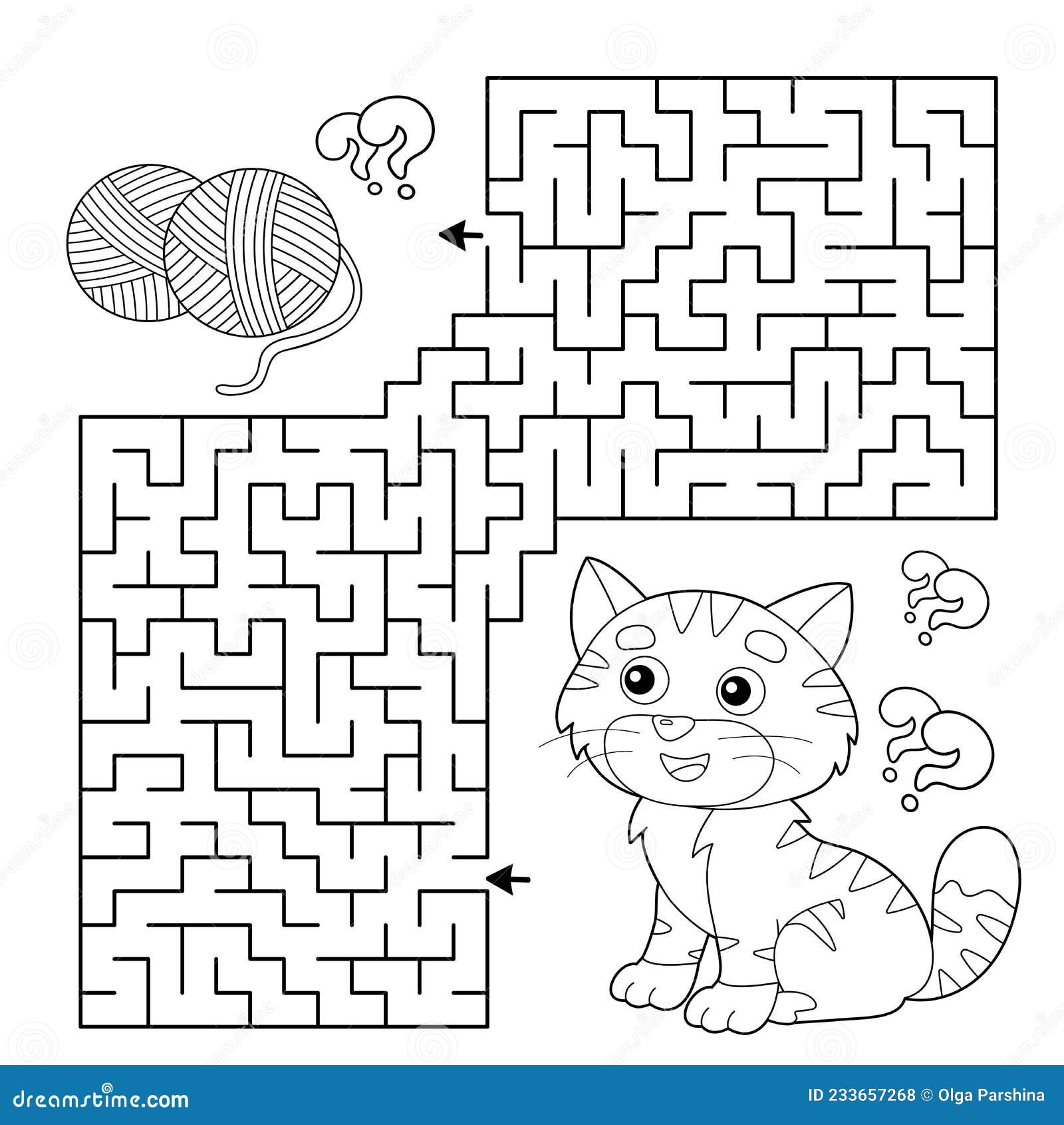 Maze or labyrinth game puzzle coloring page outline of cartoon cat with ball of yarn stock vector