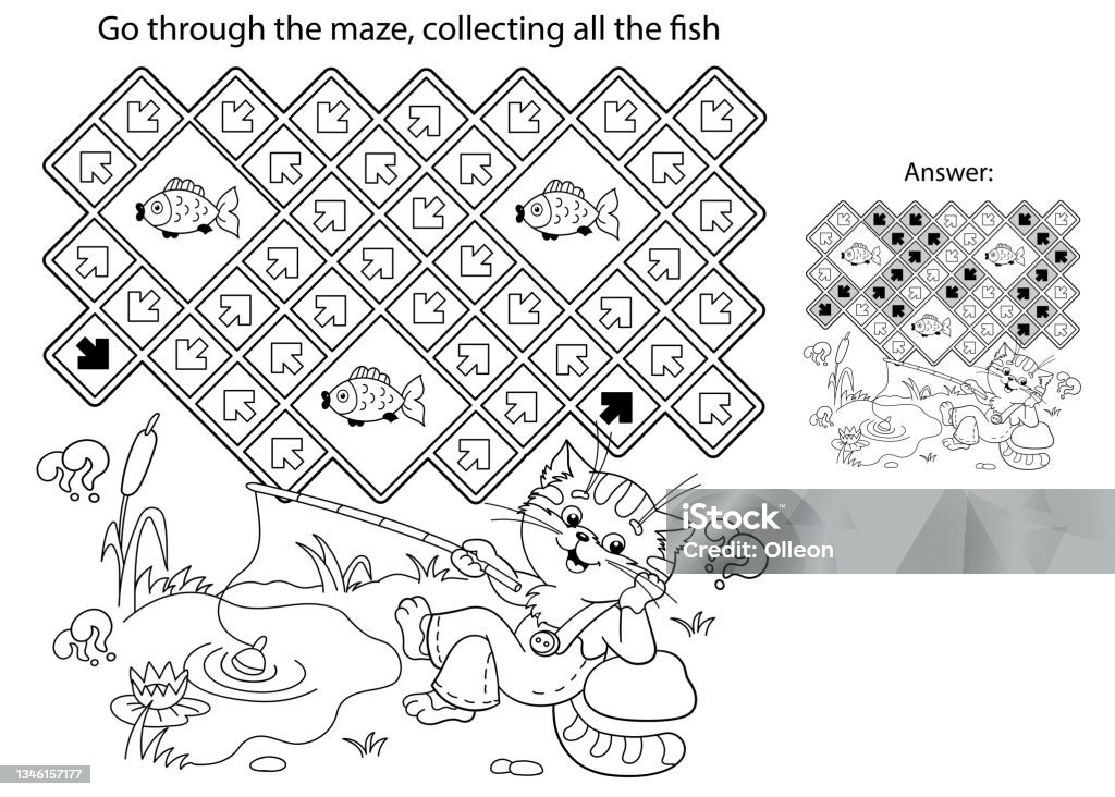 Maze or labyrinth game puzzle coloring page outline of cartoon cat with fishing rod fun fisher coloring book for kids stock illustration