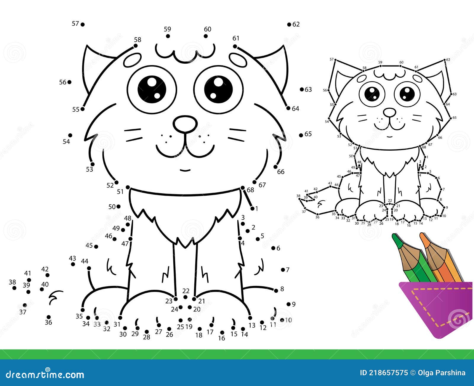 Puzzle game for kids numbers game coloring page outline of cartoon funny cat stock vector