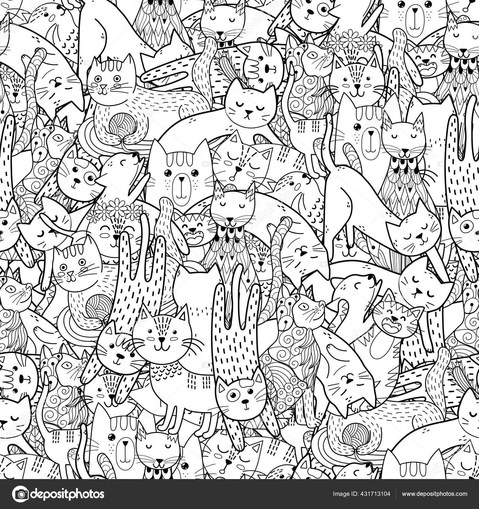 Funny doodle cats black and white seamless pattern coloring page for adults and kids stock vector by juliyas