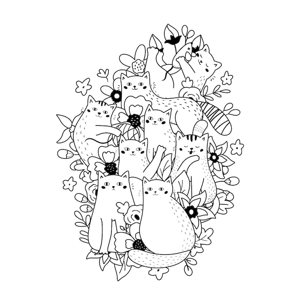 Premium vector doodle coloring page with funny cats and flowers