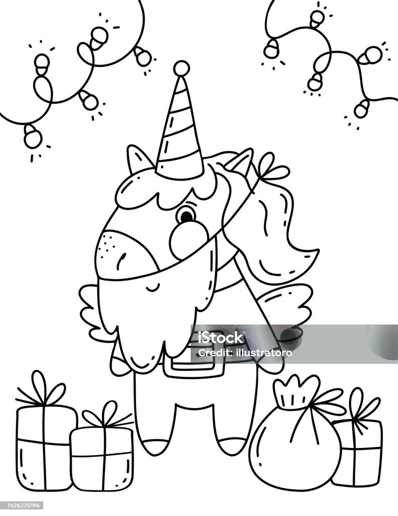 Funny unicorn christmas coloring page for kids outline illustration stock illustration