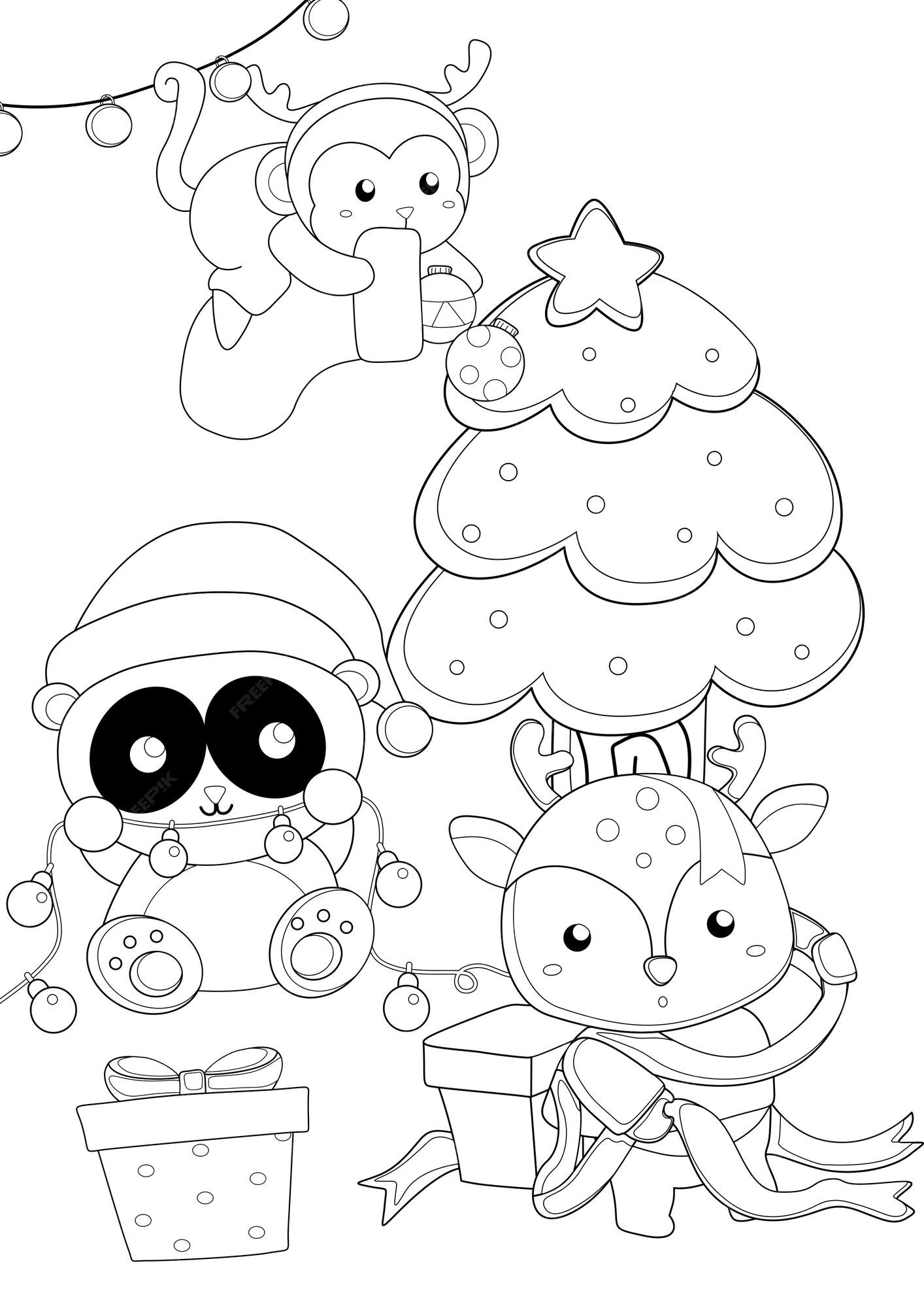 Premium vector funny christmas animal winter holiday cartoon coloring pages for kids and adult activity