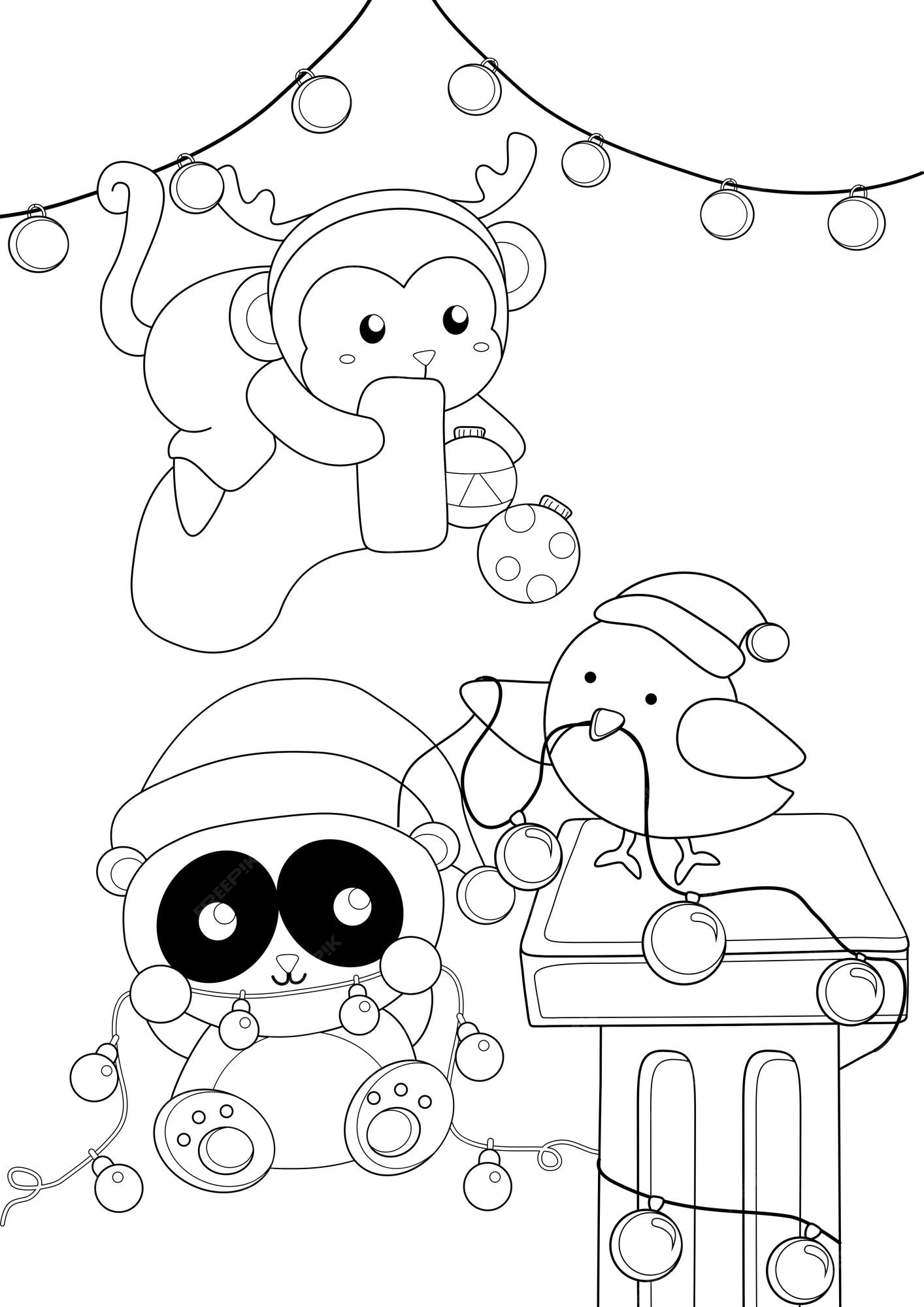 Premium vector funny christmas animal winter holiday cartoon coloring pages for kids and adult activity