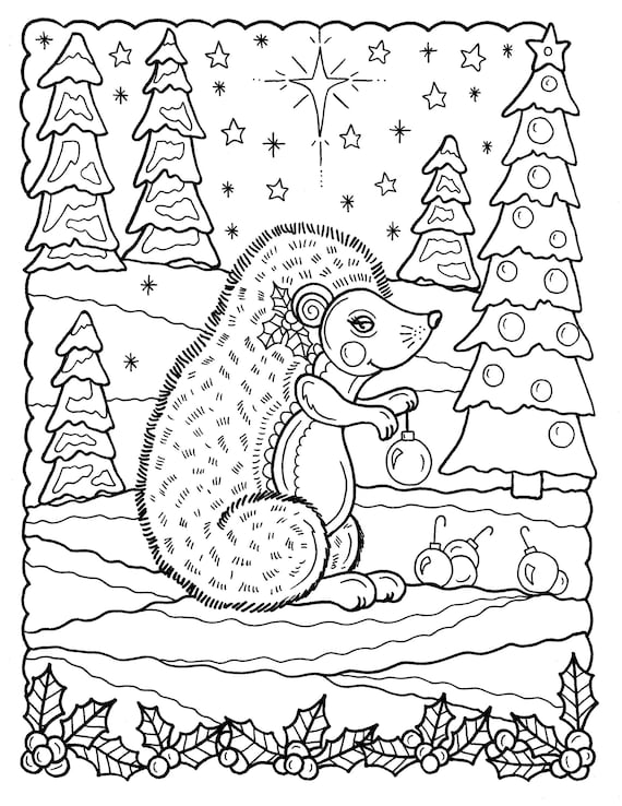 Pages of christmas coloring pages fun and whimsical animals adult color pages digital digi hedge hog dog cat frog