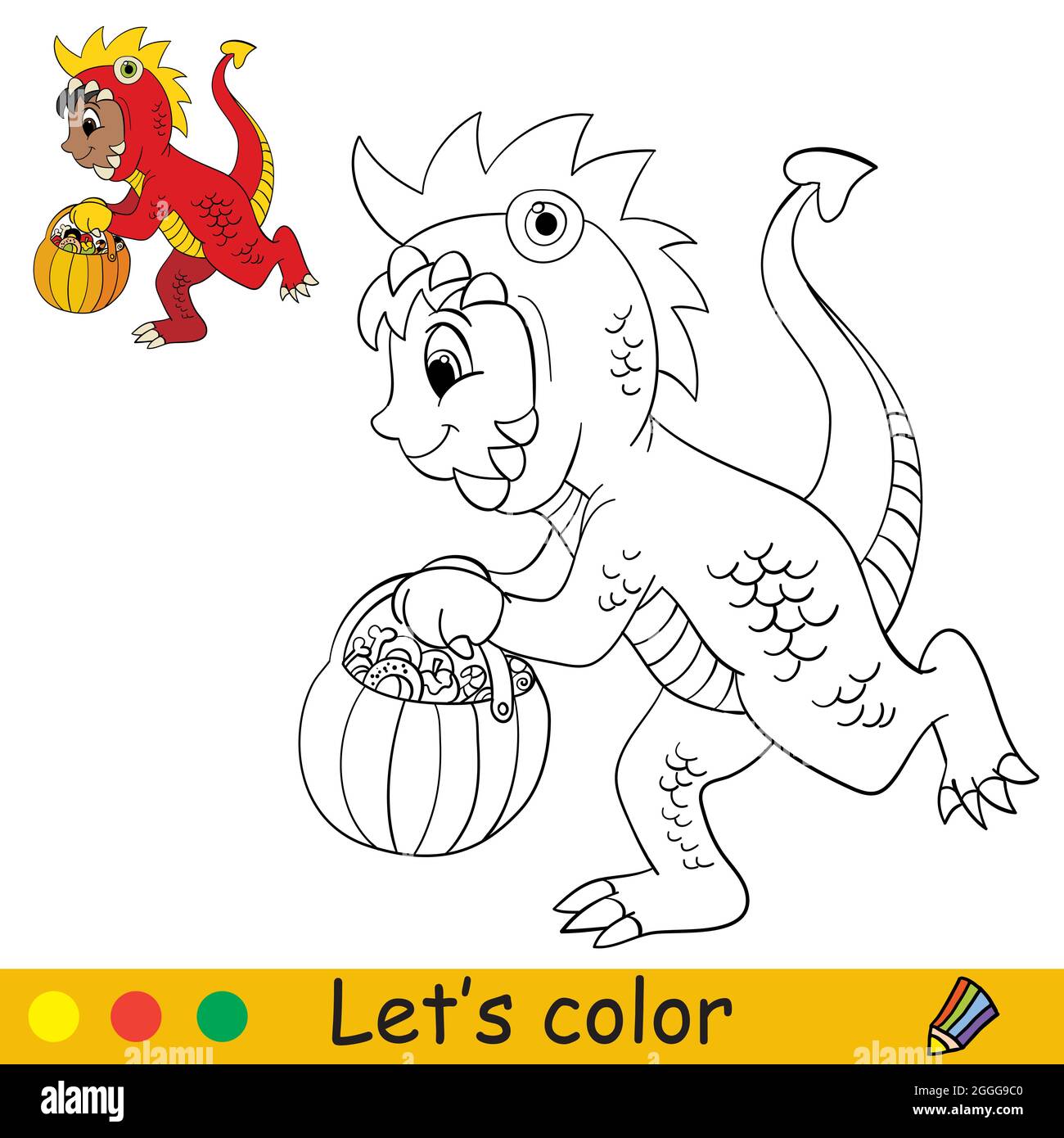 Funny boy in dragon costume halloween concept coloring book page for children with colorful template vector cartoon illustration for print presch stock vector image art