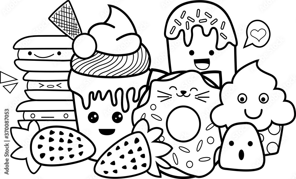 Vector illustration coloring book page doodle hand drawn clip art abstract sweet dessert food cupcake donut character funny face cartoon sketch outline isolated elements white background vector