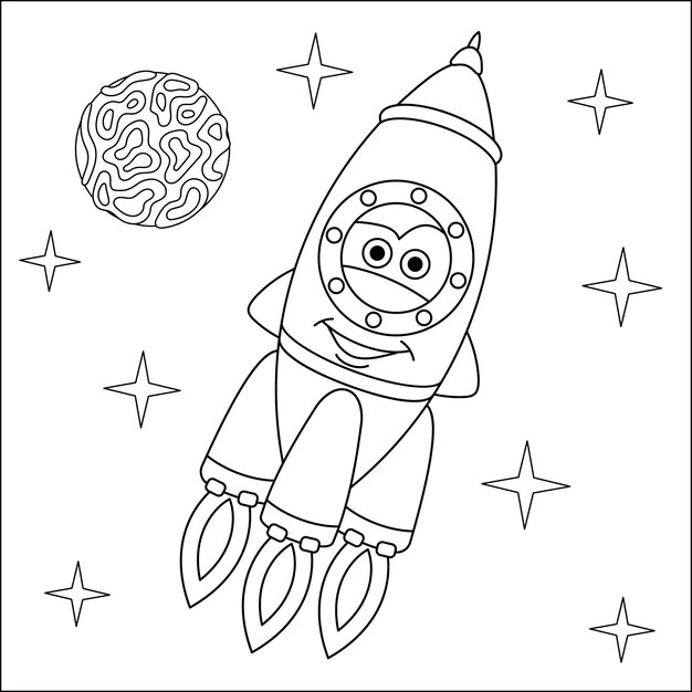 Premium vector rocket ship and cosmic stars cartoon toy vehicle with funny face coloring book page for kids