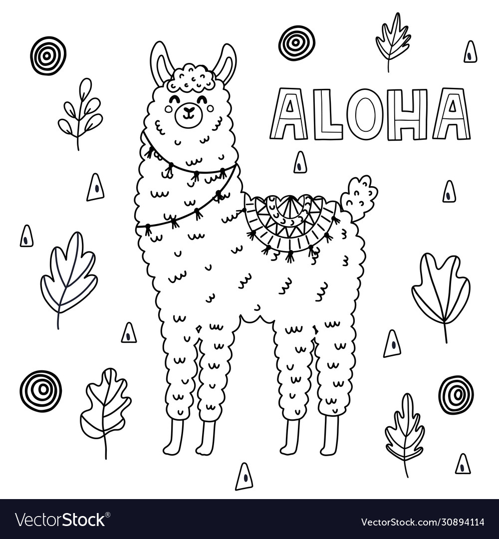 Coloring page for adults and kids with funny llama