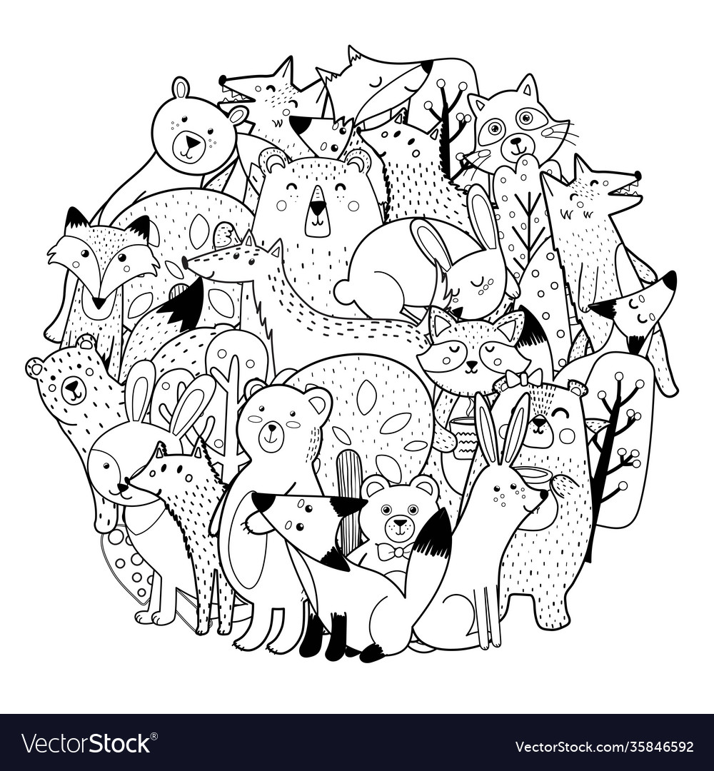 Circle shape coloring page with funny forest vector image