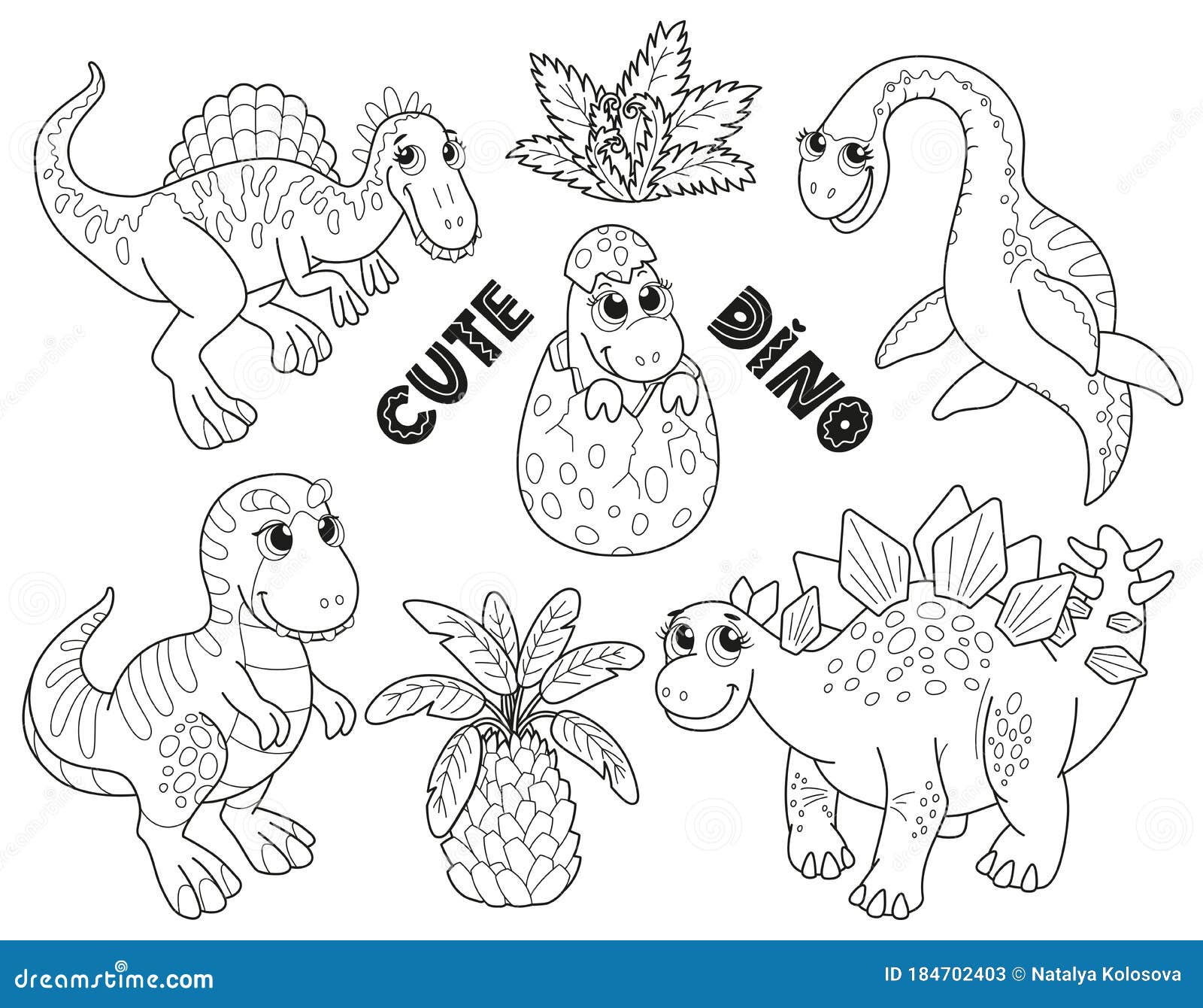 Childrens coloring book cute funny dinosaurs of different types stock illustration