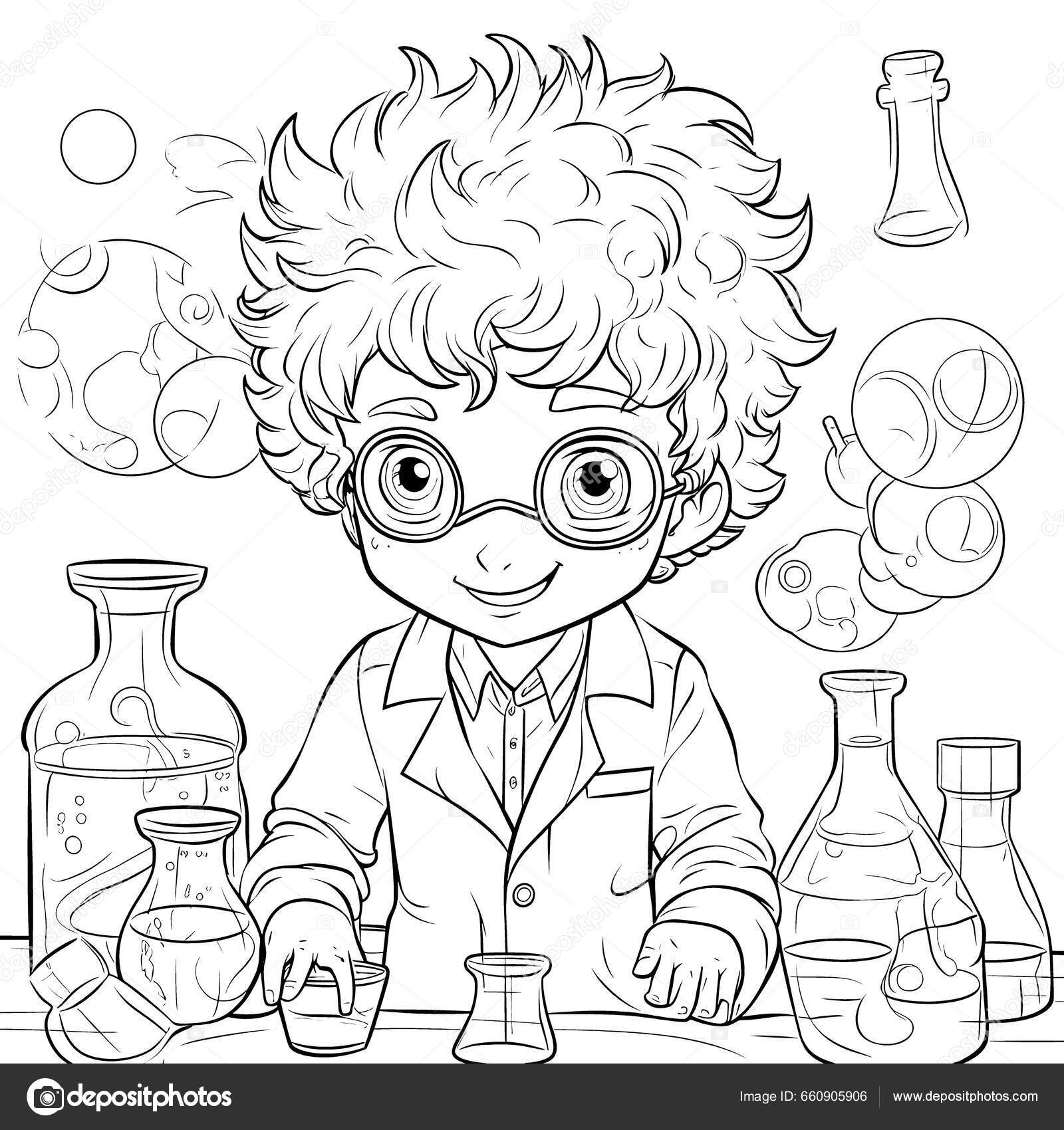 Scientist black white coloring pages kids simple lines cartoon style stock photo by george