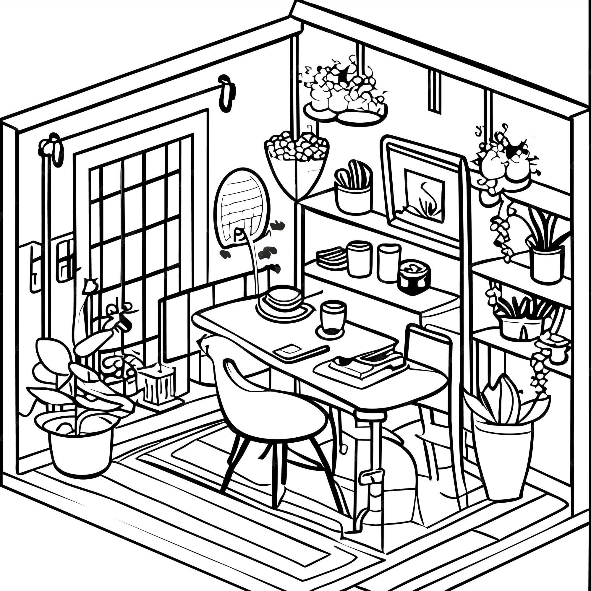 Premium vector coloring page table and chair furniture and room interior
