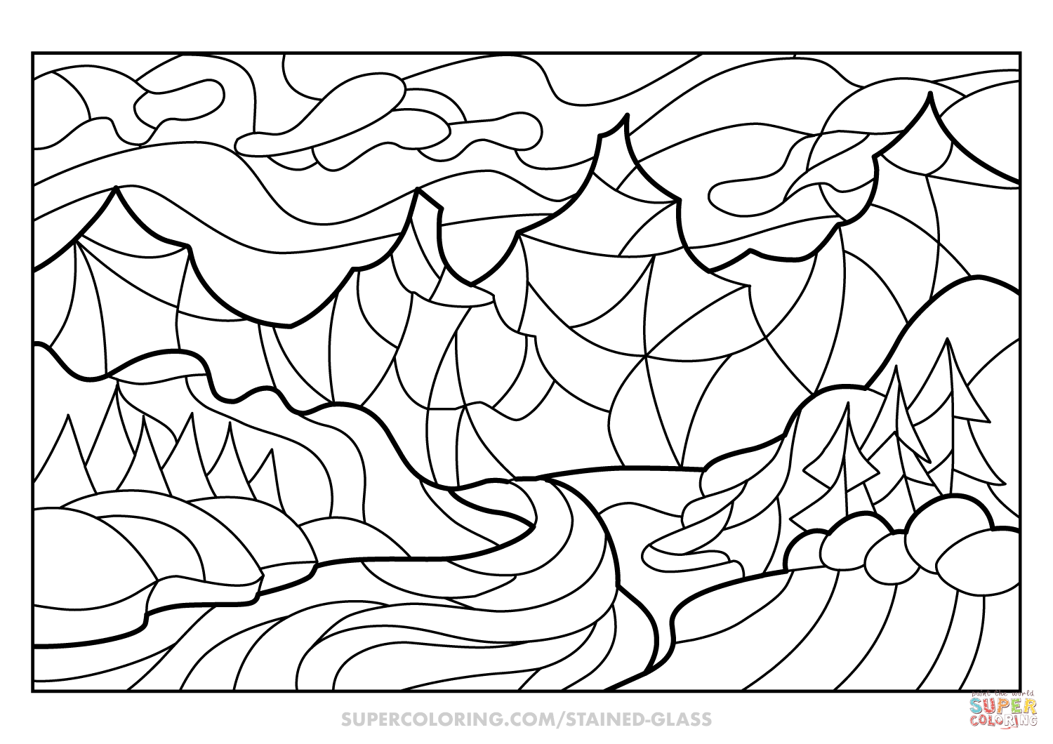 Winter landscape stained glass coloring page free printable coloring pages coloring pages abstract coloring pages angel coloring pages